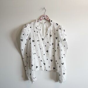 THML White Black Flowers Puff Sleeve Blouse Top Small Floral
